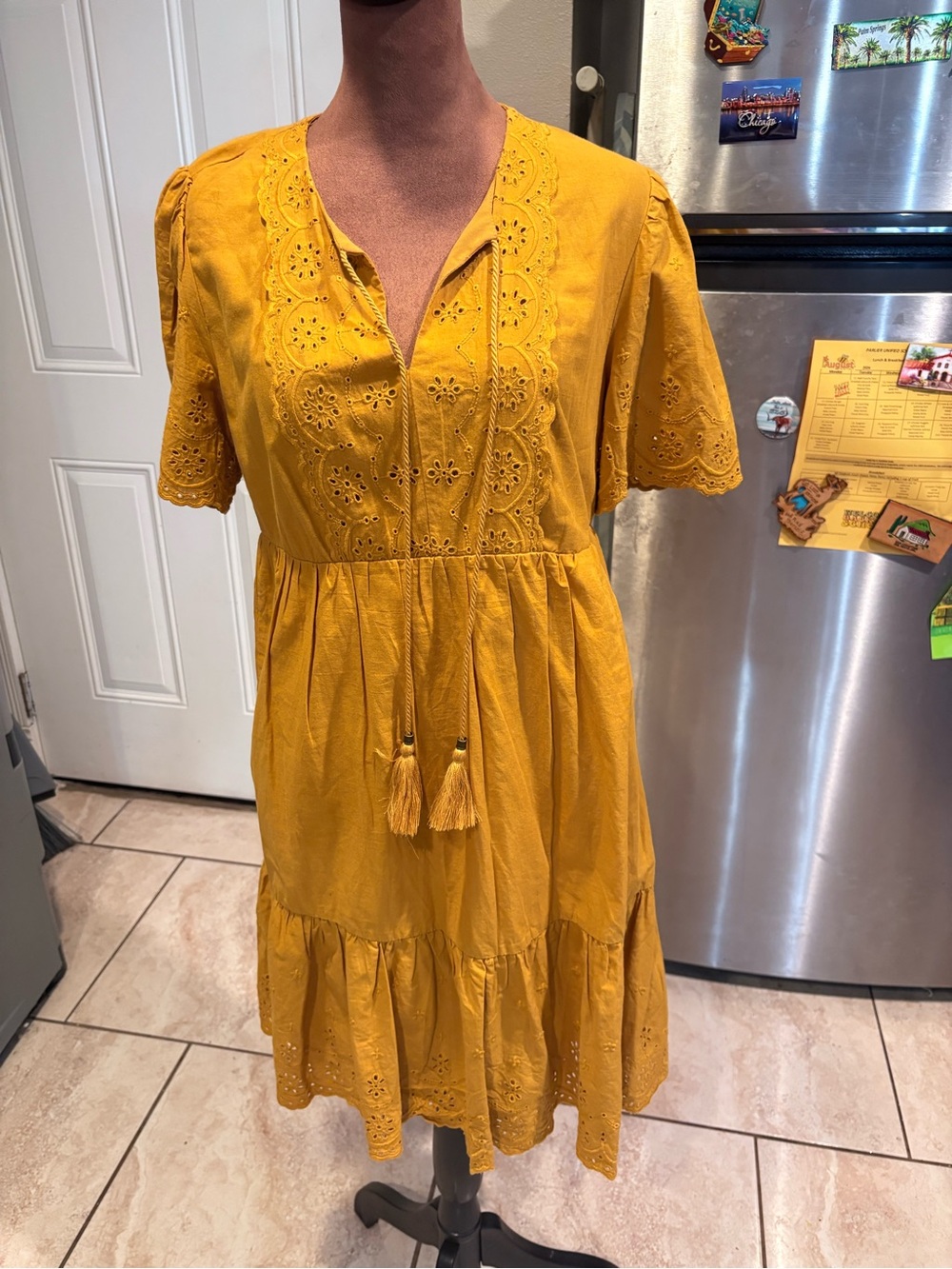 Knox Rose Mustard Eyelet Tiered Midi Dress with Tassel Tie